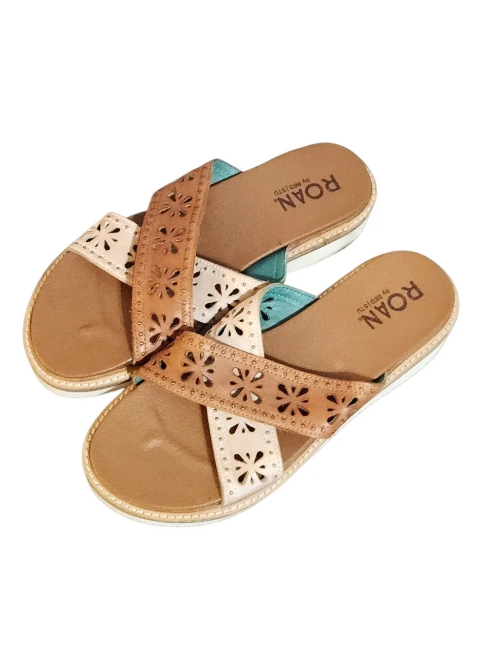 Roan Bed Stu Sandals Size 10 Chant Brown Tan Leather Floral Cutout Studded Shoes